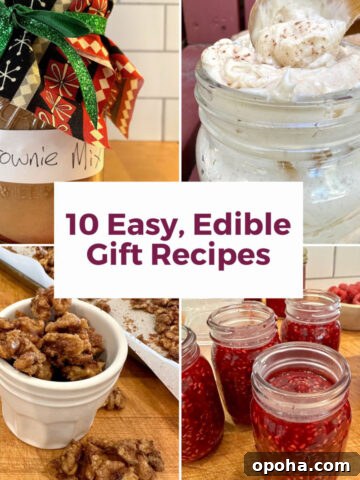 Four edible gift ideas, including raspberry jam, walnuts, butter and brownie mix.