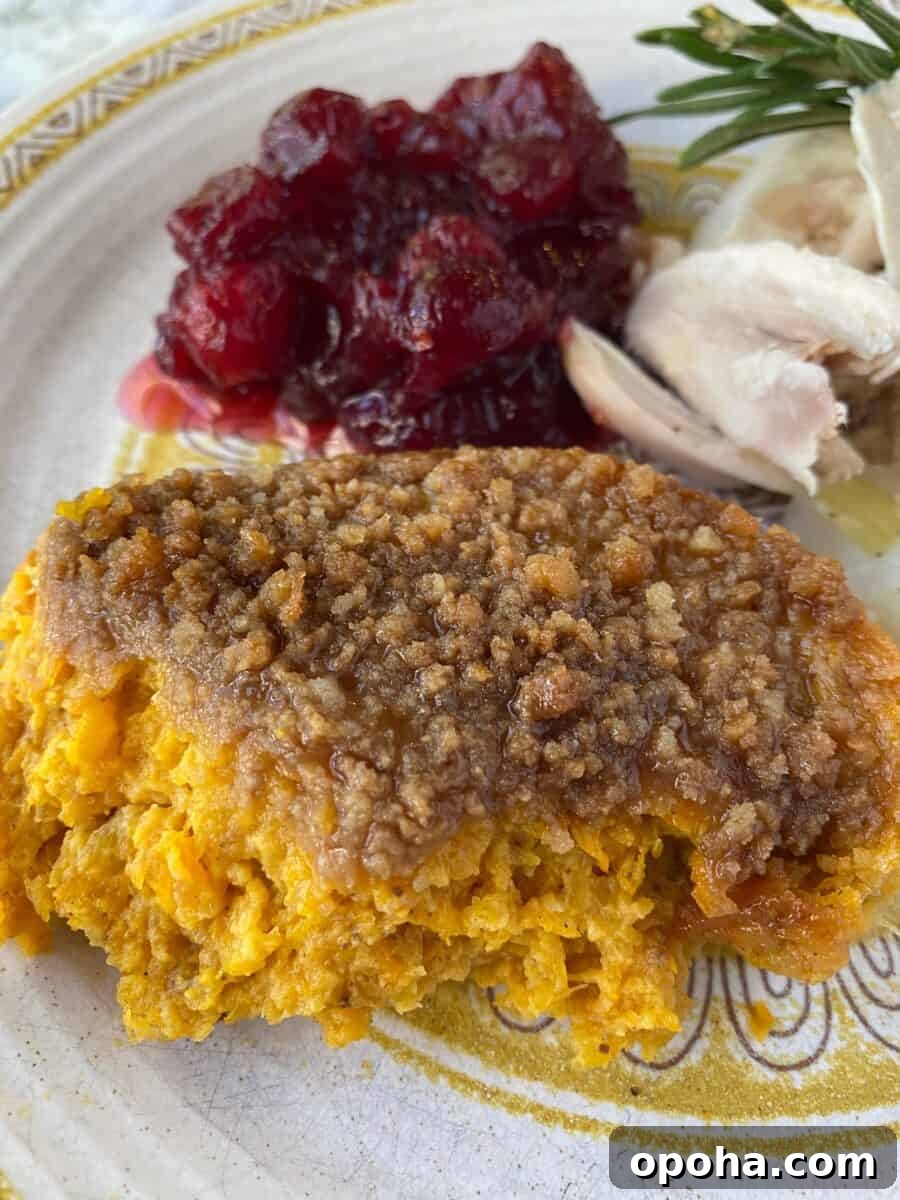 A scoop of casserole with chicken, cranberries and a sprig of rosemary.