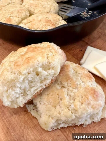 Baked homemade biscuits on a cutting board with a cast iron skillet and butter.
