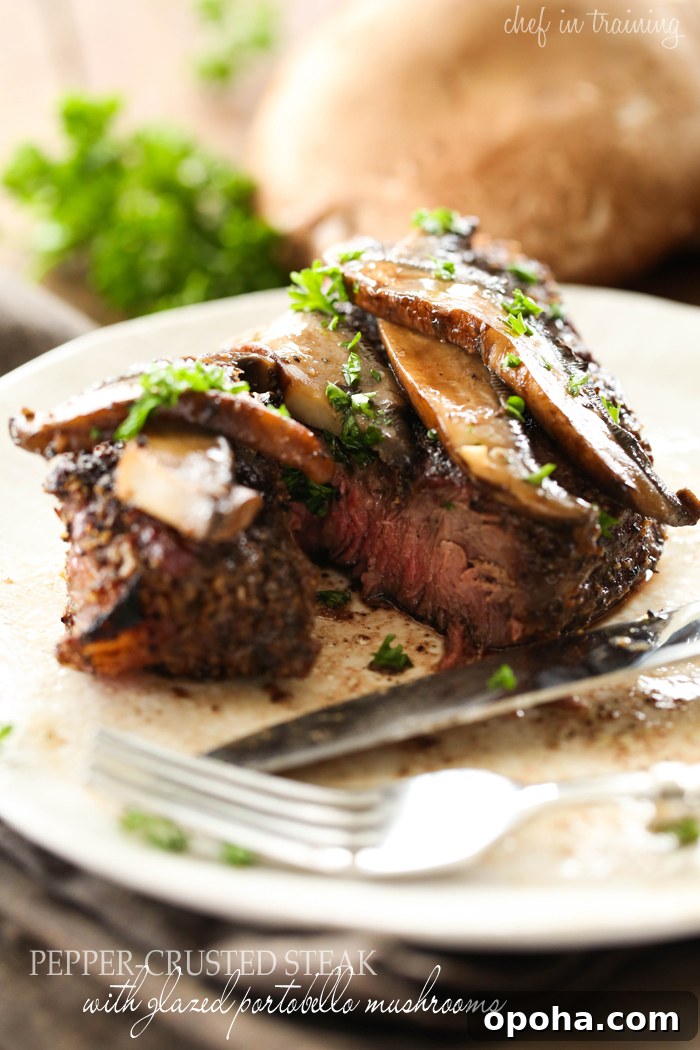 Pepper-Crusted Steak with Glazed Portobello Mushrooms