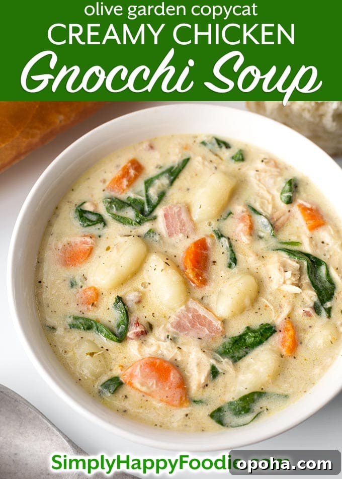 Creamy Chicken Gnocchi Soup is rich and full of Italian flavor! It is easy to make and goes well with crusty bread. Olive Garden Copycat soup by simplyhappyfoodie.com #chickengnocchisoup #gnocchi