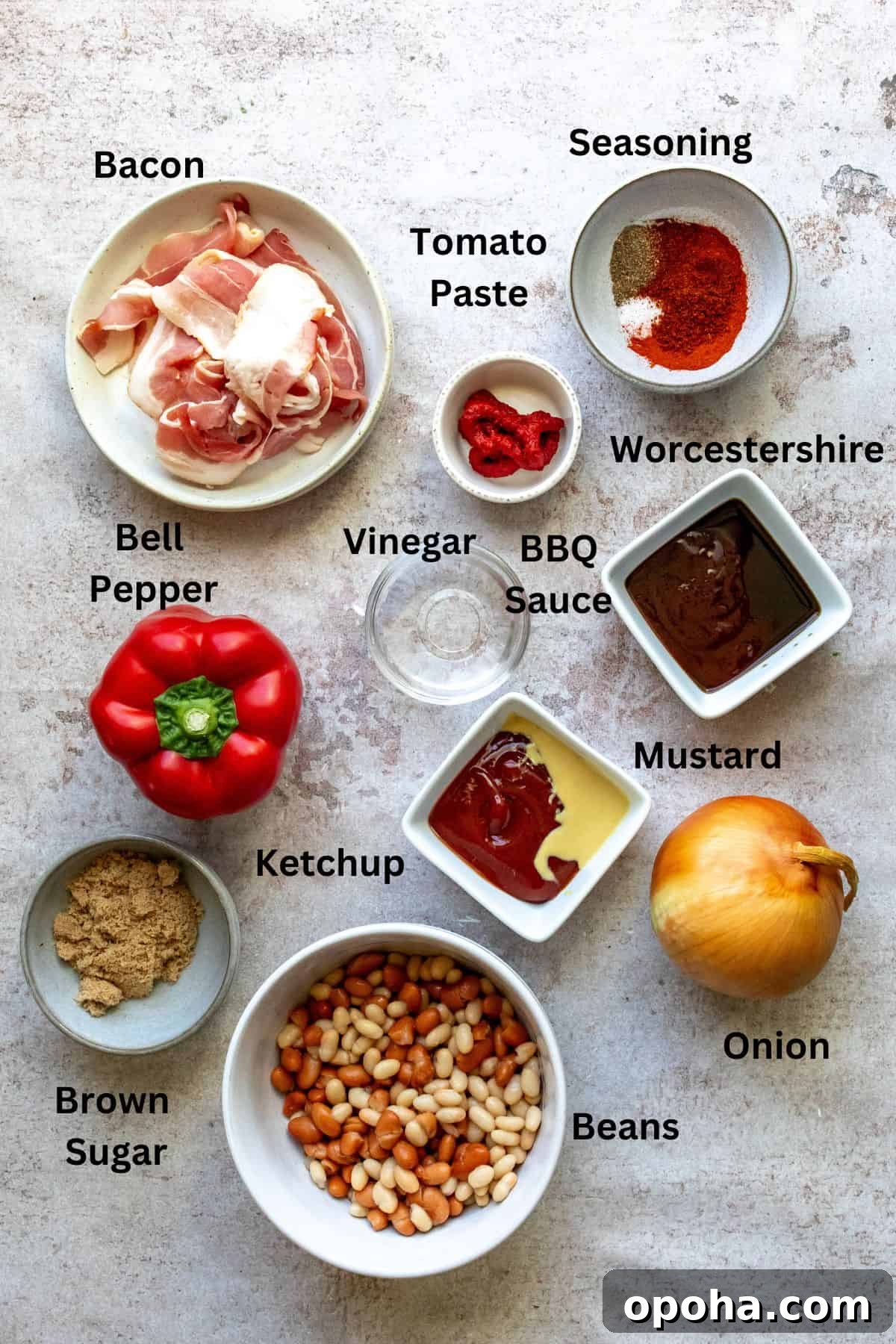 An overhead image of the ingredients of baked beans with labels.