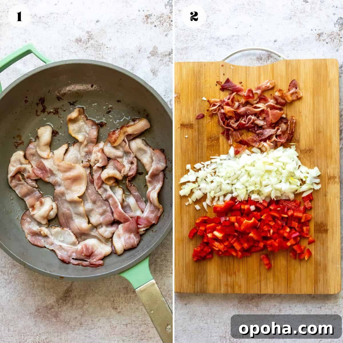An overhead image of a collage of two photos. On the left side, bacon is being fried on a skillet. On the right side, the photo shows chopped onions, bell pepper, and garlic on a chopping board.