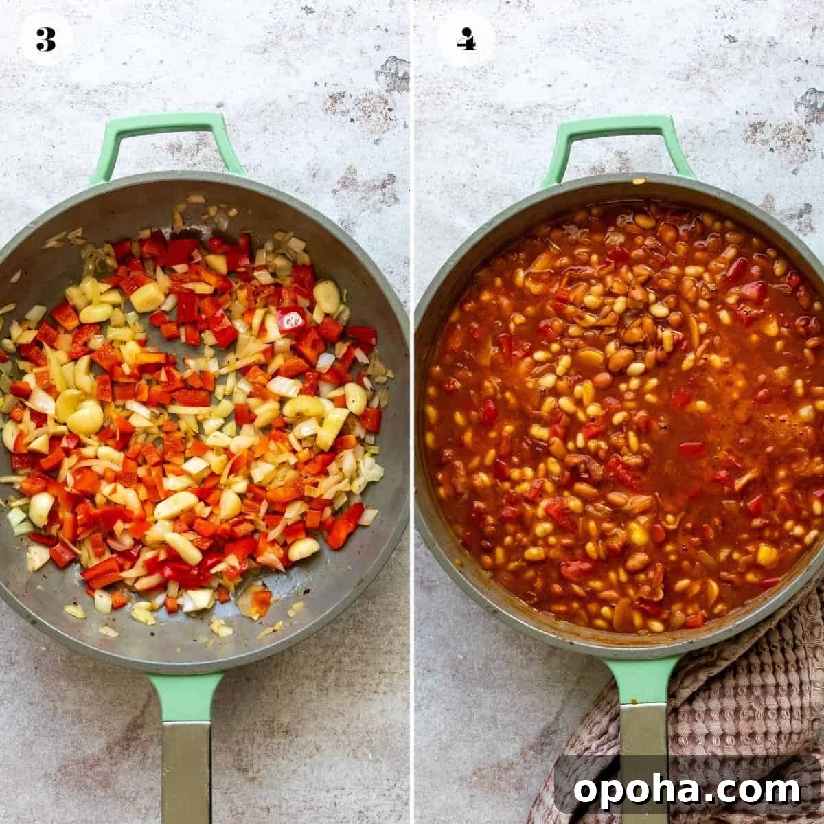 An overhead image of cooking the baked beans in a skillet.