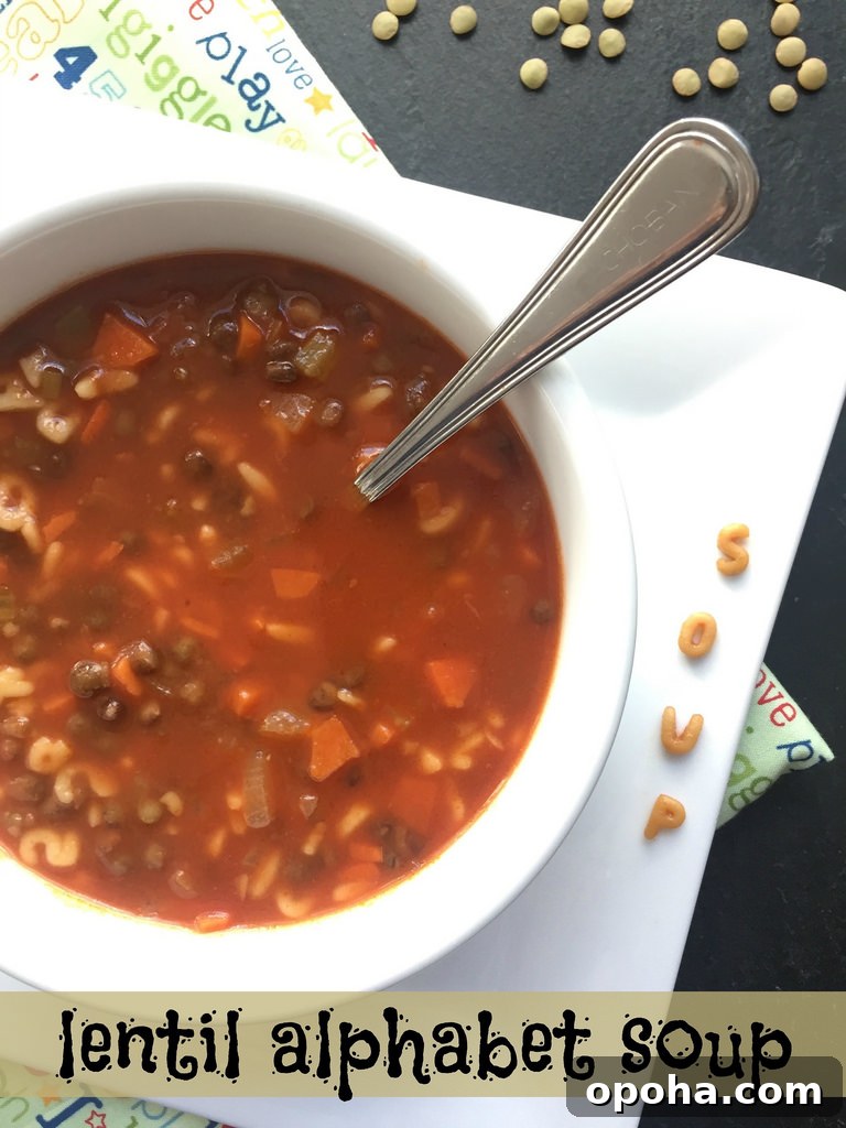 Lentil Alphabet Soup via LizsHealthyTable.com
