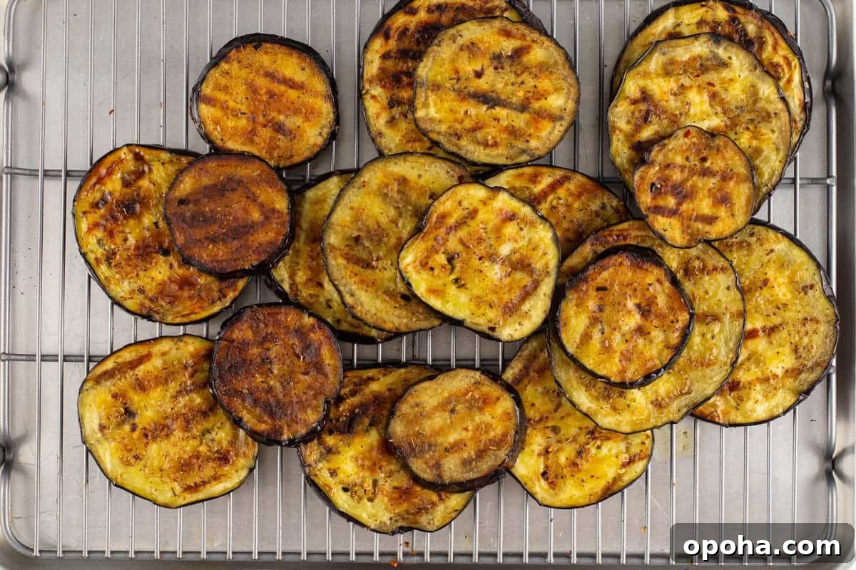 Grilled eggplant slices on a cooling rack.