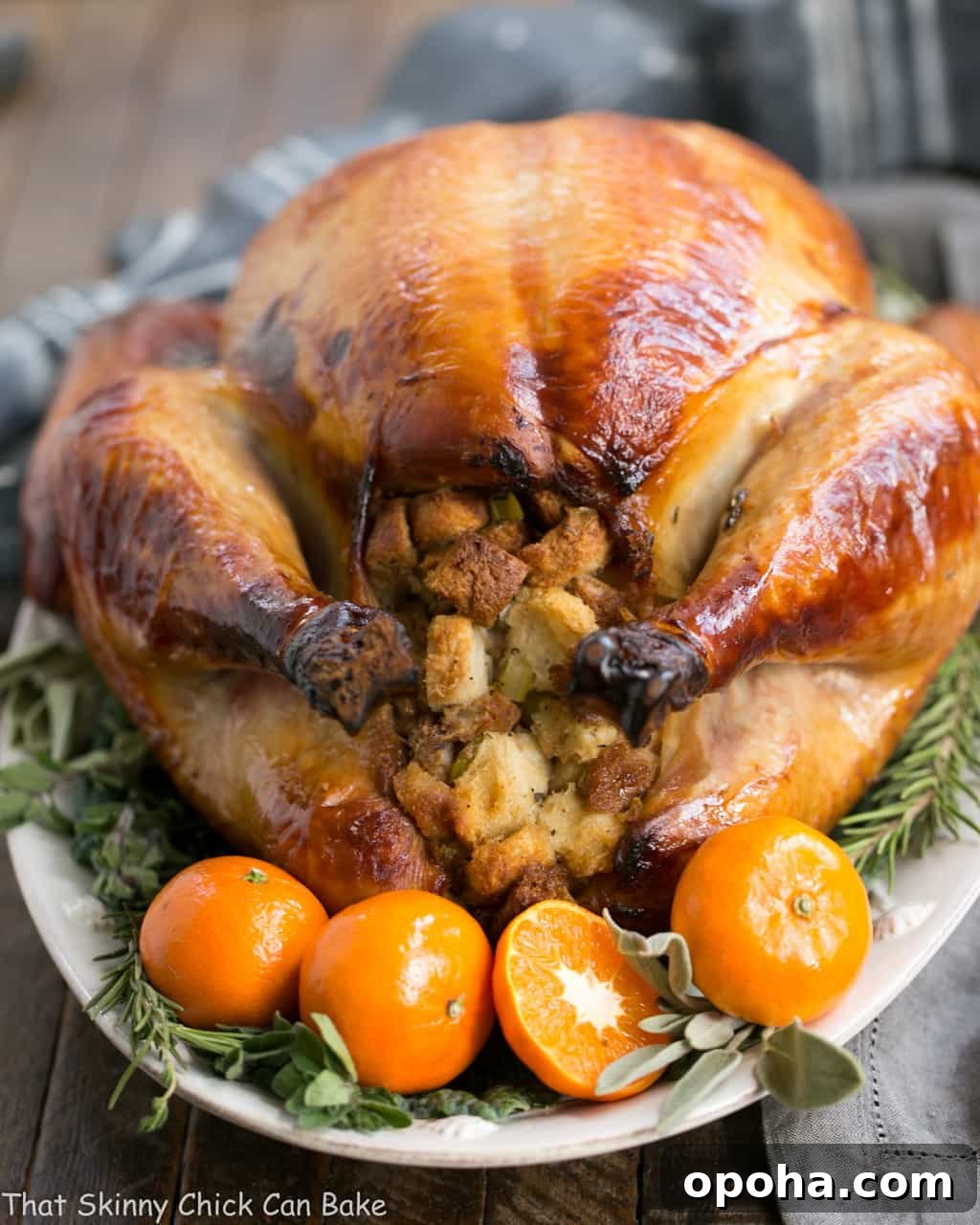 Honey Brined Turkey Recipe - The perfect way to get succulent meat from your holiday turkey Honey Brined Turkey Recipe view of stuffing end with herbs and oranges.