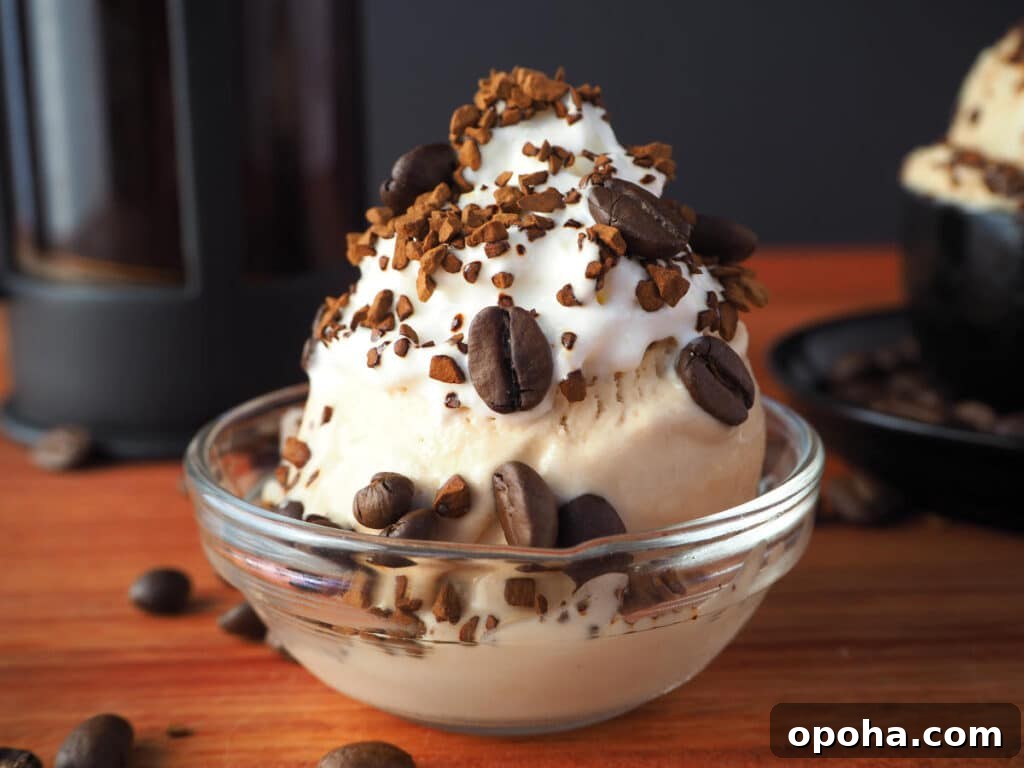 No churn coffee ice cream sundae with coffee pot