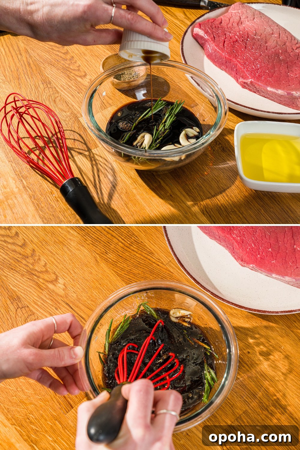 A small glass bowl preparing London broil marinade, showing ingredients and whisk mixing the marinade.