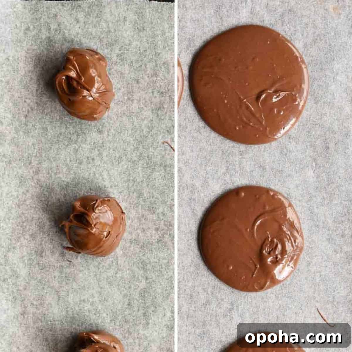 Fluffy Nutella-Stuffed Pancakes 4 On the left is spoonfuls of nutella and on the right is flattened rounds of nutella.