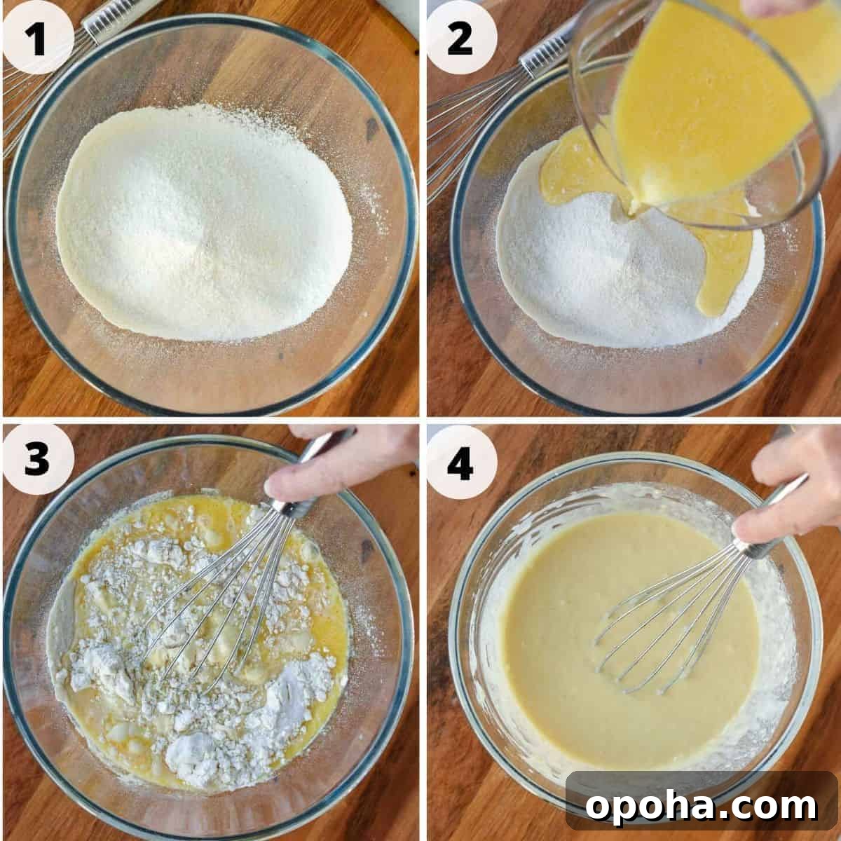 Fluffy Nutella-Stuffed Pancakes 5 Four step process of making pancake batter.