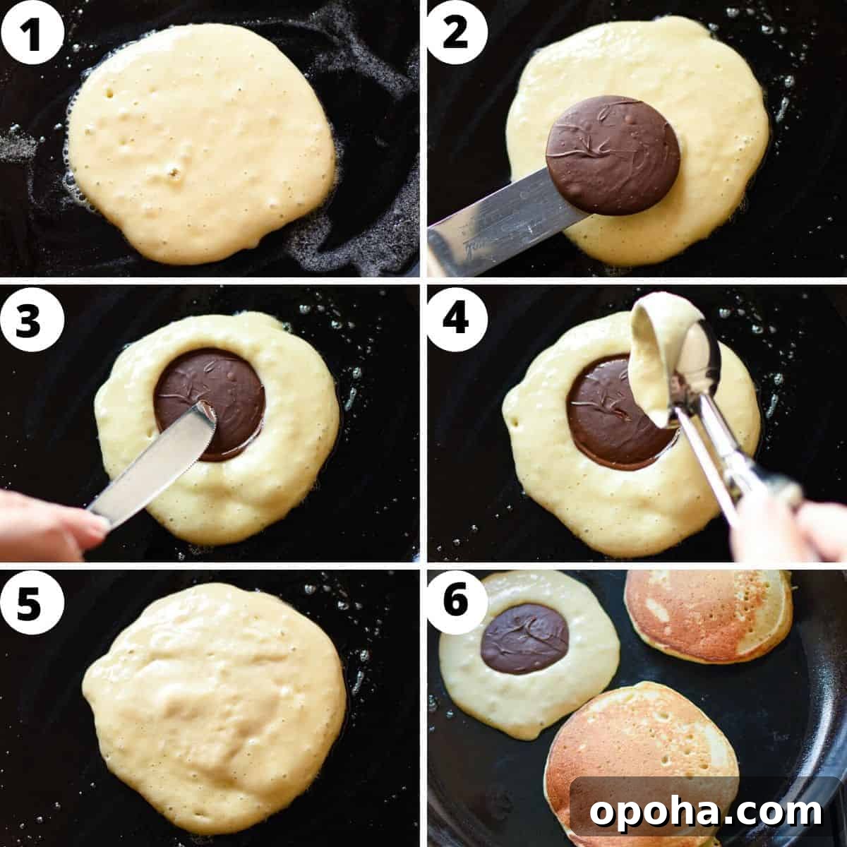 Fluffy Nutella-Stuffed Pancakes 6 Six sets process images of preparing nutella pancakes.