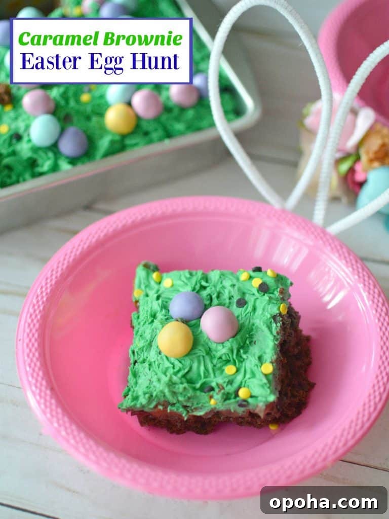 Caramel brownies with green icing and M&M'S Caramel