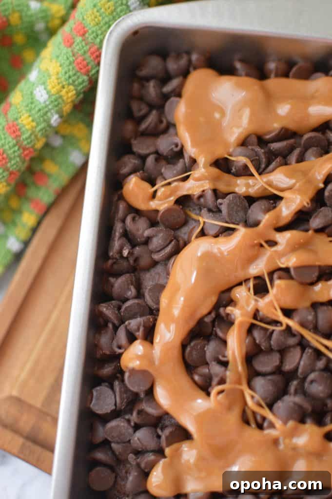 Chocolate chips and caramel drizzled over brownie base