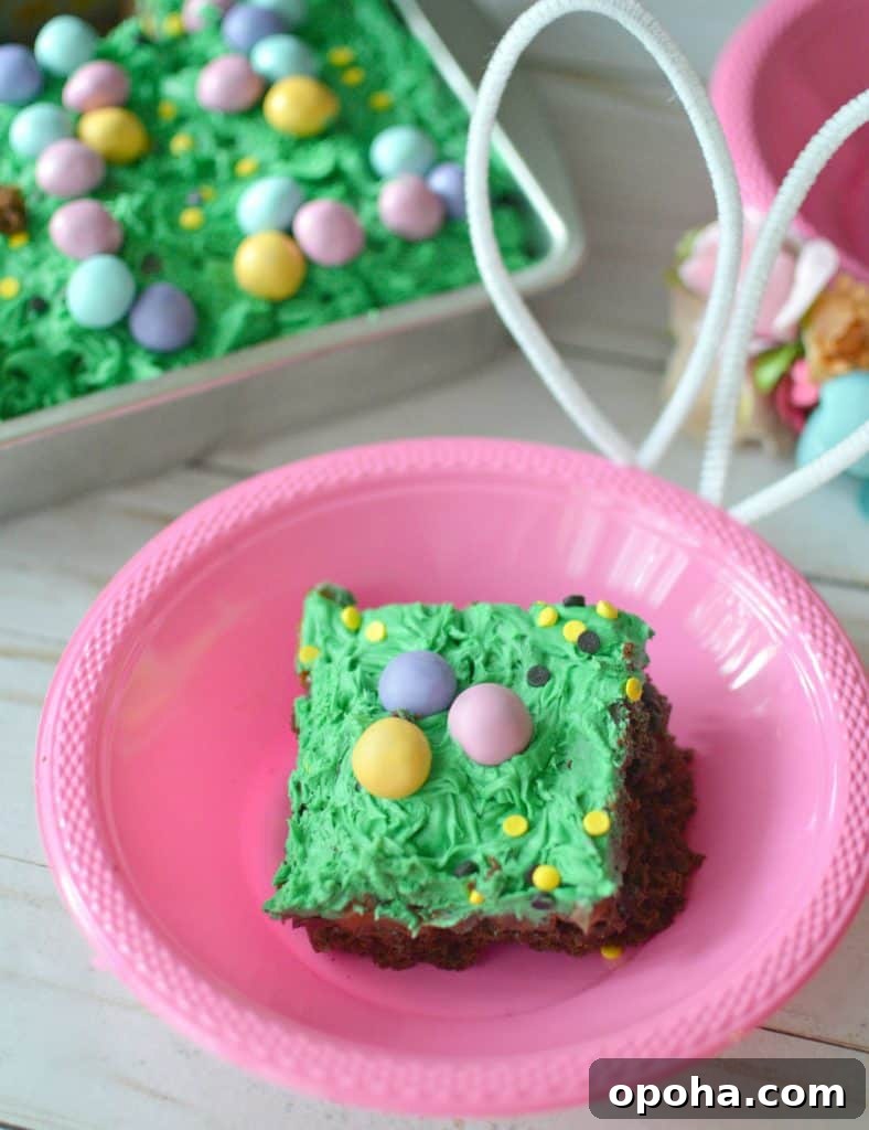 Plated caramel brownie with Easter-themed presentation